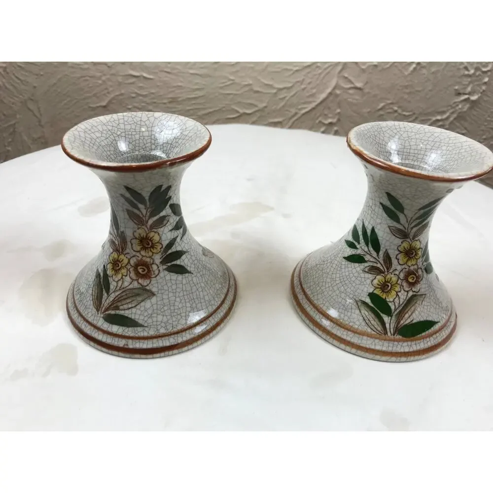 Beautiful Crackle Yellow Flowers Candle Stick Holder‎ - Made in Japan